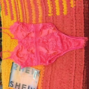 Neon Pink Floral Lace Teddy Bodysuit